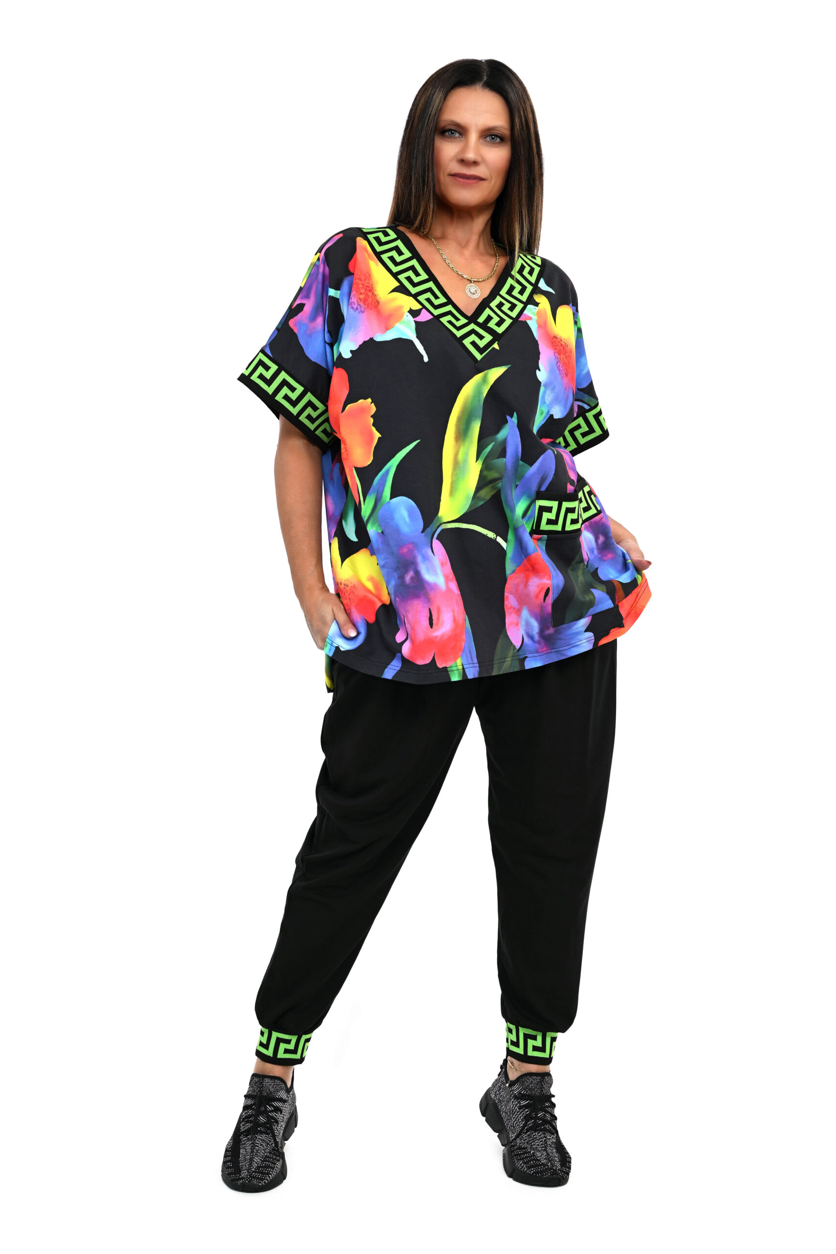 DRES KRETA CZARNY BLUZA KWIATY