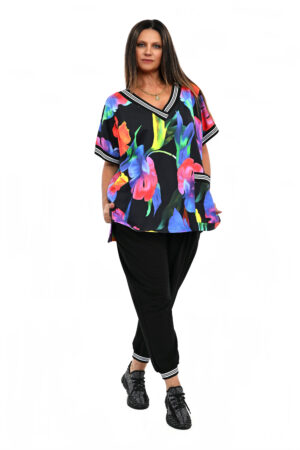 DRES KRETA CZARNY BLUZA NEONOWE KWIATY