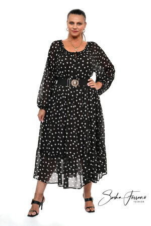 SZYFONOWA SUKIENKA VIVIEN BRĄZOWA W BIAŁE GROCHY ROZM. OVERSIZE-42/54